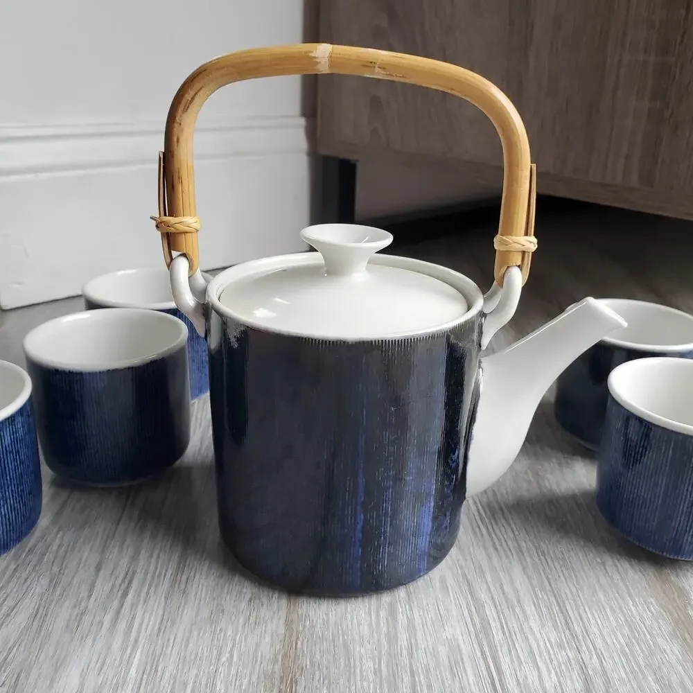 Vintage Japanese 6 Piece Tea Set Ceramic Blue and White Teapot and Cups